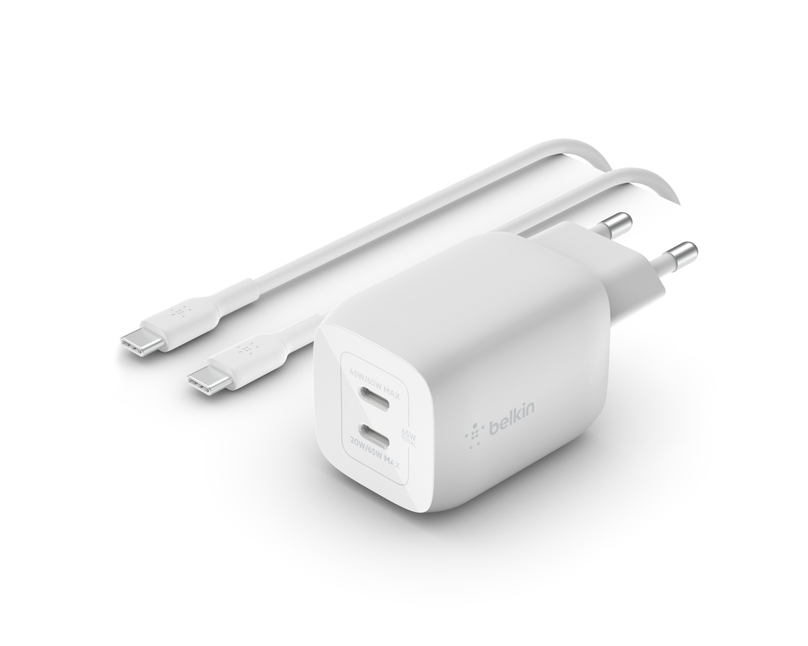 Belkin 65W PD PPS Dual USB-C GaN laddare + 2m C-C 100W kabel