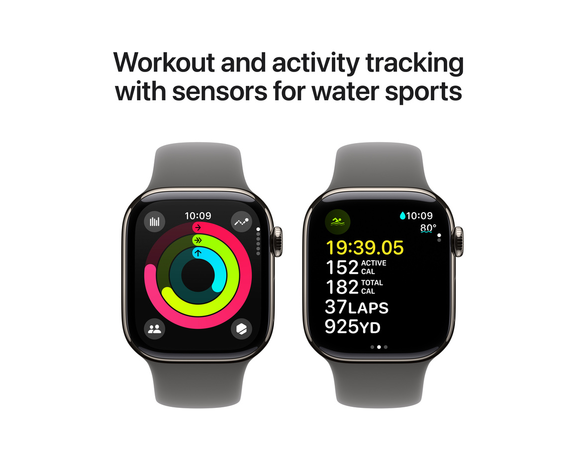 Apple Watch Series 10 GPS + Cellular 42mm Naturlig Titanboett med Granitgrå Sportband - S/M