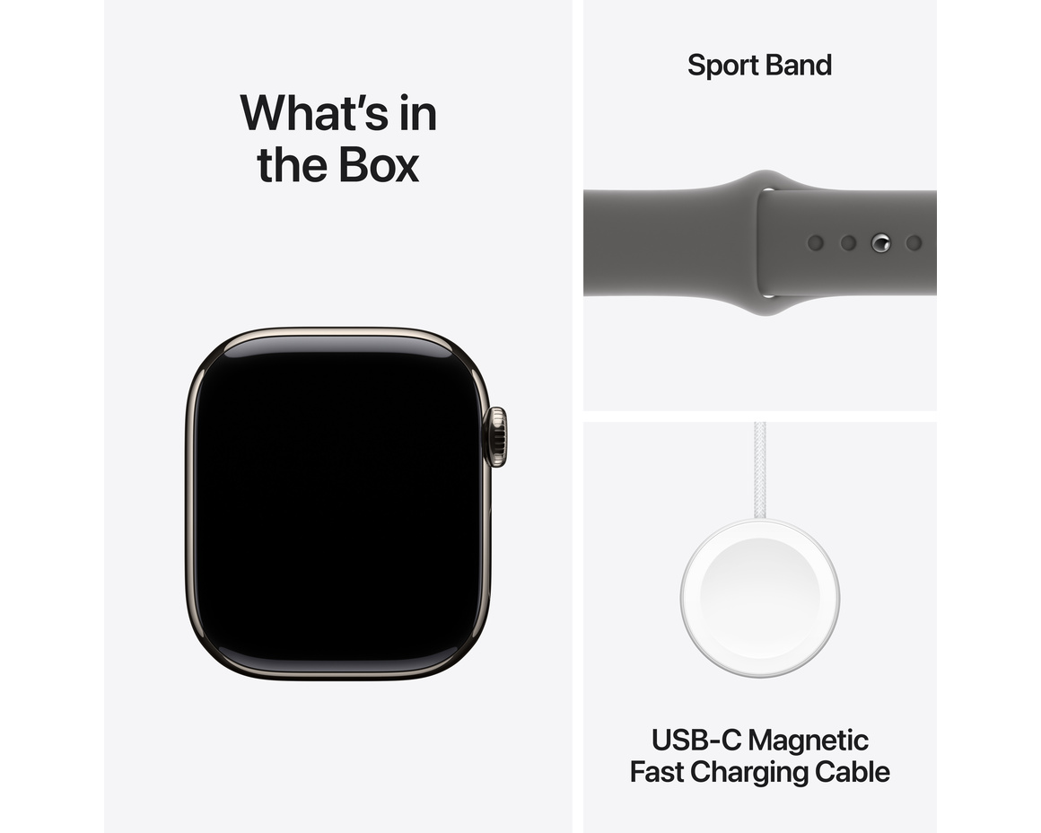 Apple Watch Series 10 GPS + Cellular 42mm Naturlig Titanboett med Granitgrå Sportband - S/M