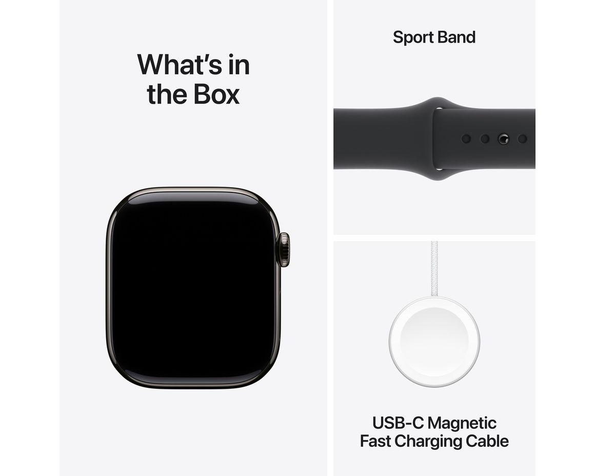 Apple Watch Series 10 GPS + Cellular 42mm Skiffer Titanboett med Svart Sportband - S/M