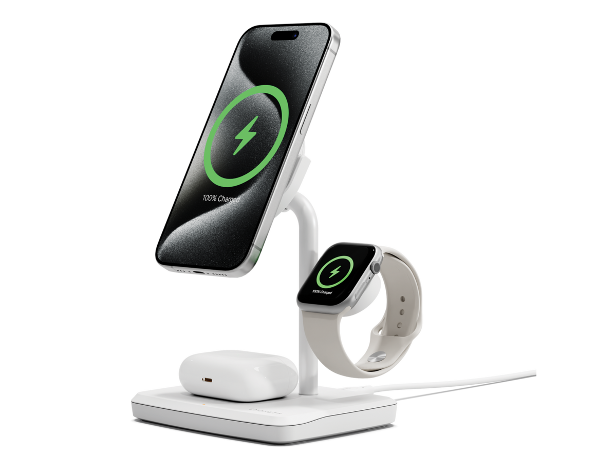 Cygnett ChargeBase 3-i-1 Qi2 Laddningsstation för iPhone, Apple Watch och AirPods Vit