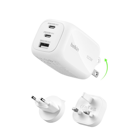 Belkin 100W 3 portar (2xUSB-C och 1xUSB-A) Väggladdare