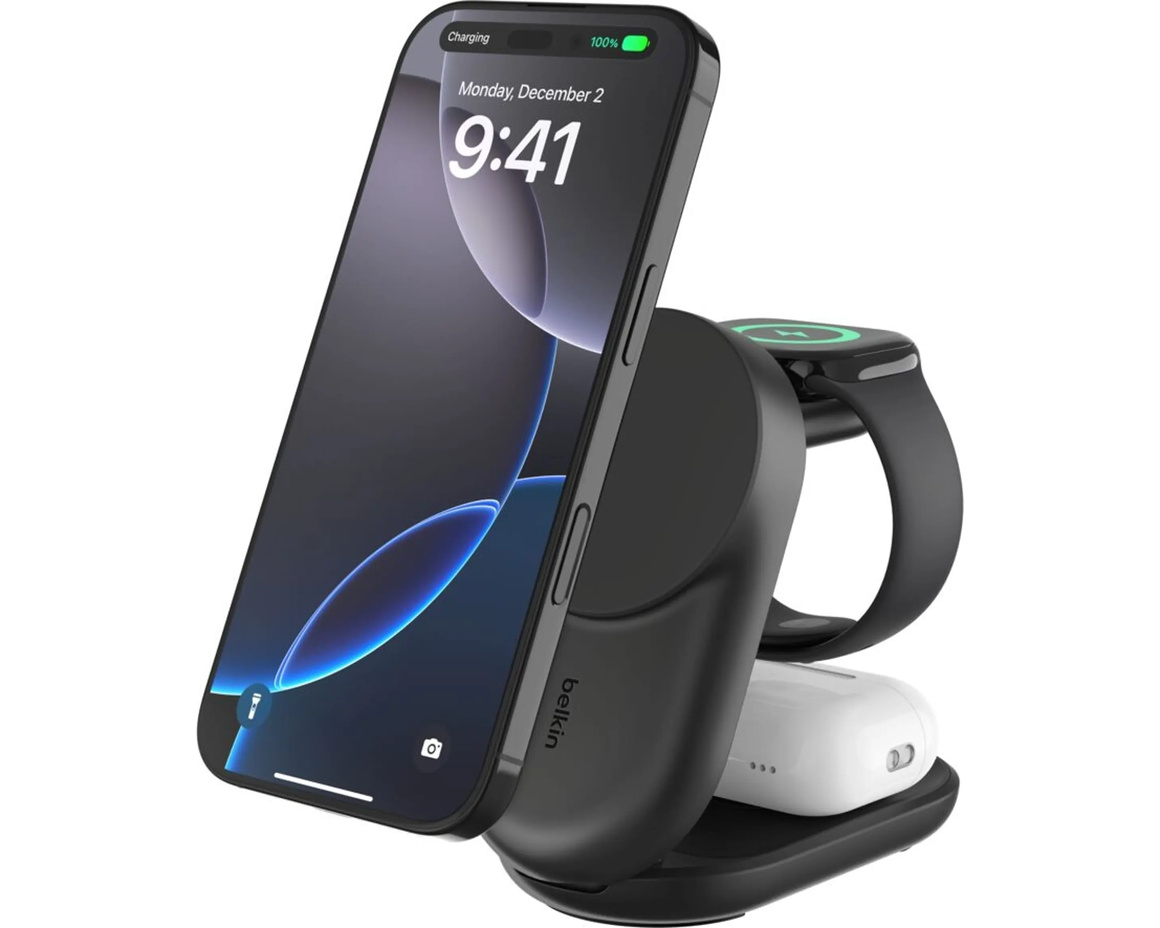 Belkin UltraCharge 3-i-1 hopfällbar magnetisk laddare med Qi2 25W Svart
